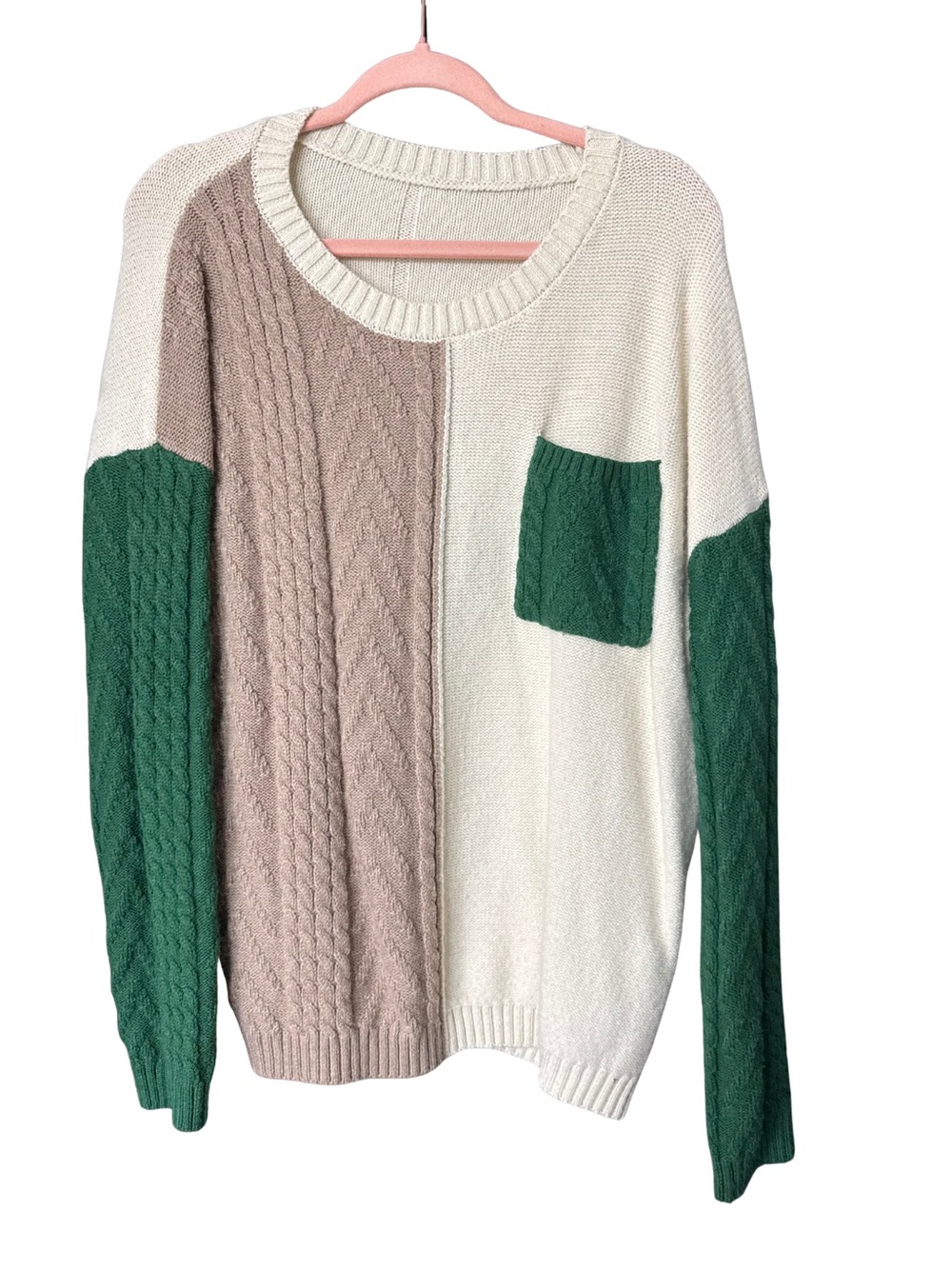 Colorblock Cable Knit Sweater - Green, Beige & Cream